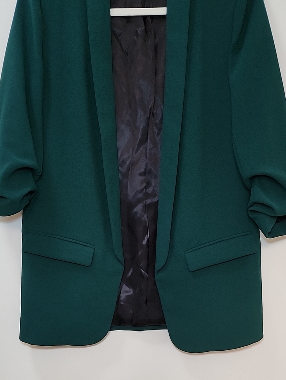 Zara Dark kelly green roll-up sleeve blazer open-front shawl collar front Sz M - Picture 4 of 16